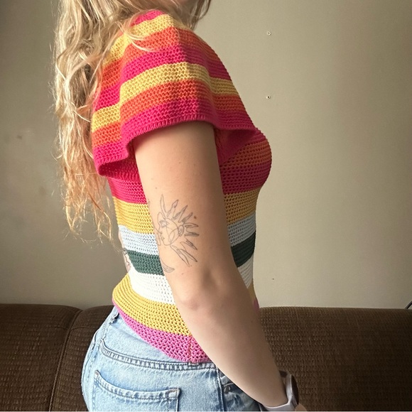 Evereve Knit Cotton Rainbow Flutter Striped Haven Sweater Women Size XS - Picture 3 of 7